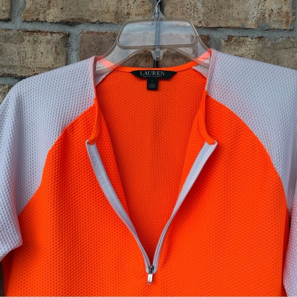 Lauren Ralph Lauren Honeycomb Half Zipper Neon Orange / White Long Sleeve Top  L - Picture 8 of 13
